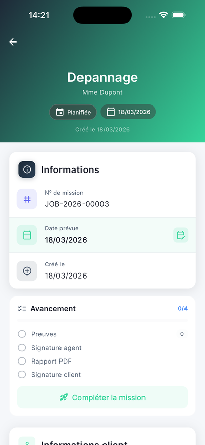 Aperçu de l'application Oplia sur iPhone — écran de mission avec photos, GPS et signature